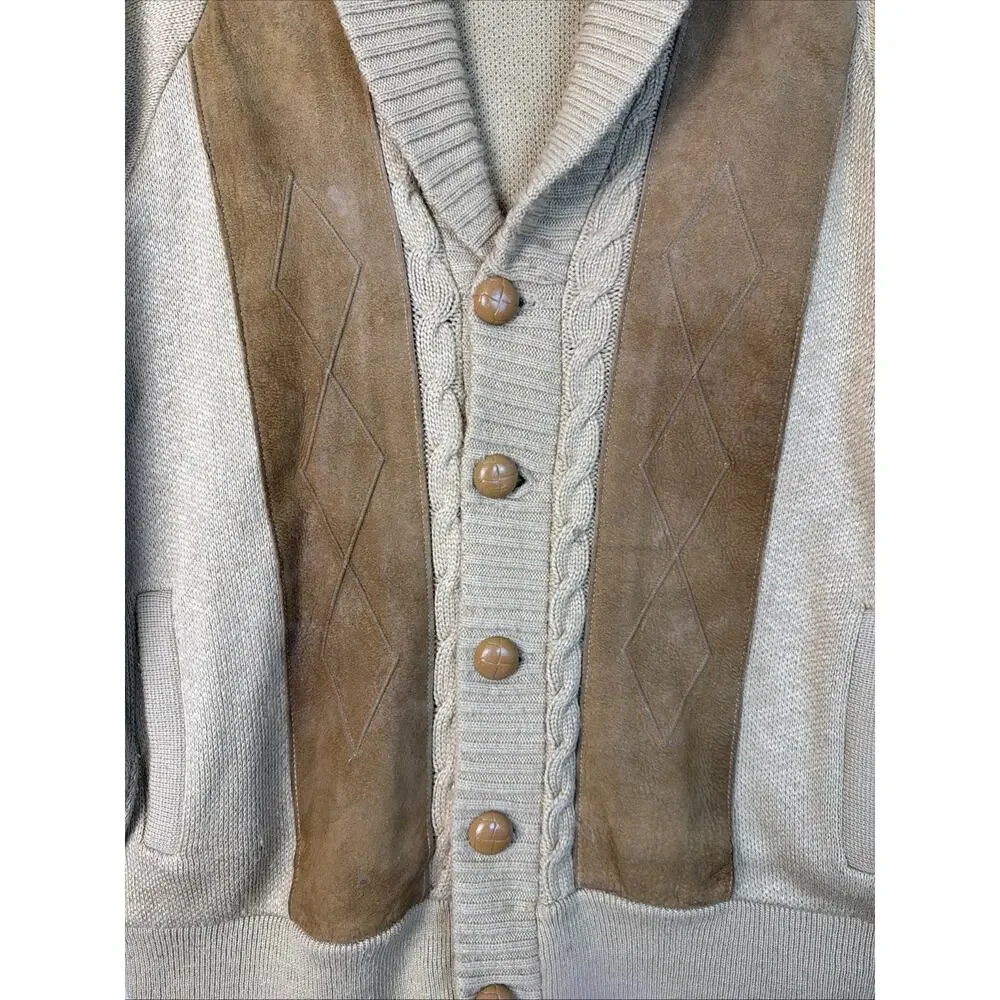 Vtg Troy Hill Cardigan Men's L Tan Grandpa Leather‎ Western Sweater Shawl USA